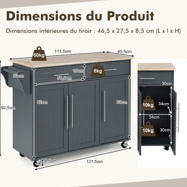 COSTWAY Köksö>Kökshylla på hjul , 2 lådor, 2 skåp, topp i gummiträ, handdukshängare, justerbara hyllor