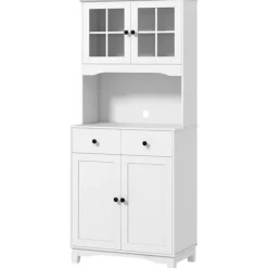 Northio Skåp>Köksskåp högskåp med mikrovågshylla, 2 skåp, 2 lådor, vitrinskåp med justerbara hyllor, lutningsskydd, bufféskåp för vardagsrum, matsal, vit