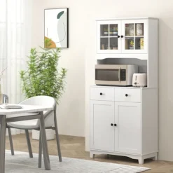 Northio Skåp>Köksskåp högskåp med mikrovågshylla, 2 skåp, 2 lådor, vitrinskåp med justerbara hyllor, lutningsskydd, bufféskåp för vardagsrum, matsal, vit