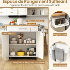 COSTWAY Köksö>Köksvagn , Låsbara universella hjul, Låda, Justerbar hylla, Kryddställ, Handduksställ,