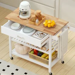 COSTWAY Köksö>Köksvagn med 3 Nivåer , Arbetsyta i Trä, Låda, 2 öppna Hyllor, Låsande Hjul, Handtag, Vit
