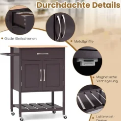 B2X Köksö>Köksvagn med bänkskiva, serveringsvagn med hjul, vagn med låda, brun