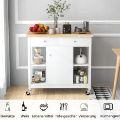 Northix Köksö>Köksvagn med hjul Köksö med bänkskiva Serveringsvagn med 2 lådor 99 x 46 x 90 cm Vit