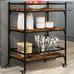 vidaXL Köksö>Köksvagn rökfärgad ek 65x40x86,5 cm konstruerat trä