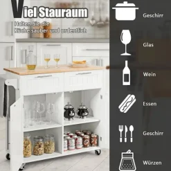 B2X Köksö>Köksvagn rullande serveringsvagn med lådor och skåp 94 x 45,5 x 94,5 cm vit