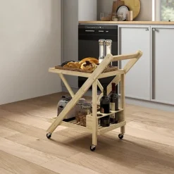 Northio Köksö>Köksvagn Serveringsvagn med vinställ Bänkskiva 2-våningsvagn för kontor Kök Vardagsrum 66 x 40 x 70 cm Bambu Natur Aosom