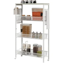 Northio Köksö>Köksvagn Serveringsvagn Med 3 Nivåer, Korg, Bänkskiva, Krokar, Stål, 58X18,5X87 Cm, Vit