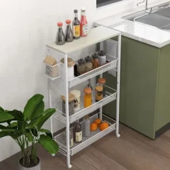 Northio Köksö>Köksvagn Serveringsvagn Med 3 Nivåer, Korg, Bänkskiva, Krokar, Stål, 58X18,5X87 Cm, Vit