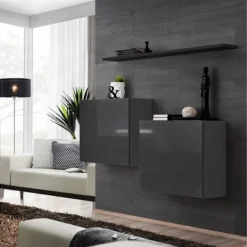 AC-DÉCO Sideboards>Kommod - Strömbrytare SB I - 2 fyrkantiga vitriner - 1 hylla - Svart och grafit - Modell 1