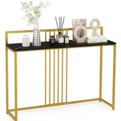 COSTWAY Småbord>Konsolbord -- Marmortryck - 120 x 32 x 89 CM - Svart metallram Modern ingångsmöbler