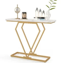 Northix Småbord>Konsolbord med marmorlook, guldstomme, 100x29,5x80 cm