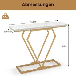 Northix Småbord>Konsolbord med marmorlook, guldstomme, 100x29,5x80 cm