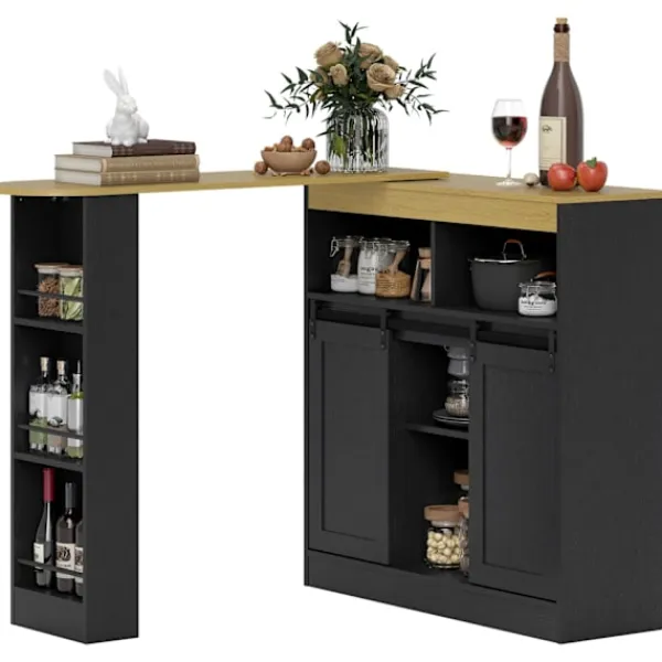 Northio Köksö>Konvertibelt L-format barbord, svart MDF, gott om förvaring