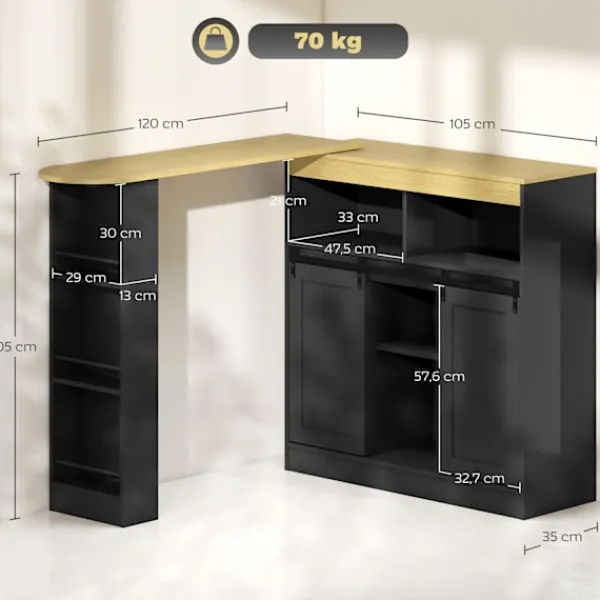 Northio Köksö>Konvertibelt L-format barbord, svart MDF, gott om förvaring