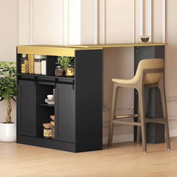 Northio Köksö>Konvertibelt L-format barbord, svart MDF, gott om förvaring