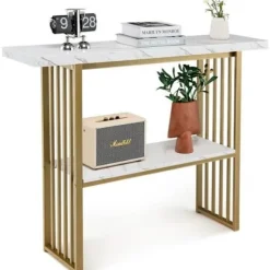 COSTWAY Småbord>KOSTWAY Marmor Effekt Entrekonsolbord - 2 Nivåer 120 x 29,5 x 92,5 cm (L x B x H) metallram - Skandinavisk Stil