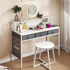 COSTWAY Sminkbord>Kostway Sminkbord och Pall, Inbyggd Laddstation, 3 F fabriclådor, Sidosfickor, Skärmstöd,