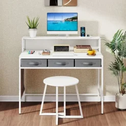 COSTWAY Sminkbord>Kostway Sminkbord och Pall, Inbyggd Laddstation, 3 F fabriclådor, Sidosfickor, Skärmstöd,