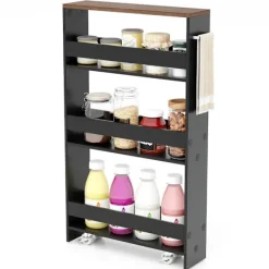 Northix Köksö>4-lagers rullande köksvagn med handtag, svart & brun