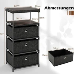 Northix Byråer>3-lådors tygbyrå ​​med träskiva, svart, 40x30x81 cm