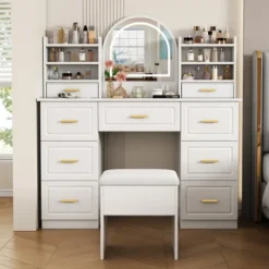 Sminkbord>LED sminkbord med spegel, 9 lådor, belysning, toalettbord, 120x40cm, vit för sovrum & vardagsrum