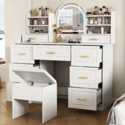 Sminkbord>LED sminkbord med spegel, 9 lådor, belysning, toalettbord, 120x40cm, vit för sovrum & vardagsrum
