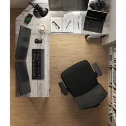 Pavil Kontorsmöbler>L-format datorbord med hyllor – Perfekt hörnskrivbord för arbete och gaming, Greige och svart