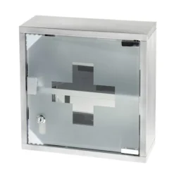 Skåp>Låsbart medicinskåp i frostat glas med rostfritt stål