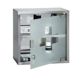 Skåp>Låsbart medicinskåp i frostat glas med rostfritt stål