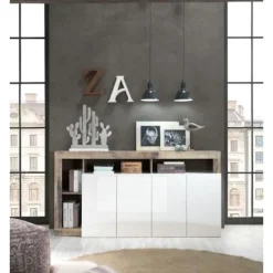 MAESTRO Sideboards>skänk - Spånskiva - Vintage träeffekt och vitlackerad - 4 dörrar - L 184 x D 42 x H 93 cm