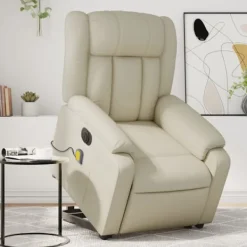 vidaXL Fåtöljer>Massagefåtölj med uppresningshjälp gräddvit konstläder