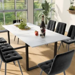 Matgrupper>Matsalsset med 8 sammetsstolar & utdragbart bord (140-180x80cm), grå, vit MDF-skiva & svarta ben, modernt