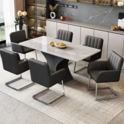 Matgrupper>Matsalsstolar, Set om 4, med vertikala ränder, klädd fåtölj i konstläder med sicksackben i metall, svart