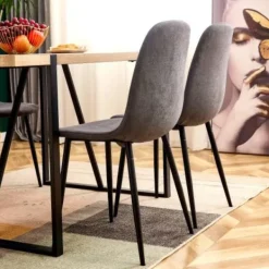 Matgrupper>Matsalsstolar set om 4, skandinavisk vintage-stil, konstgjord mocka & stålben, svart, grå