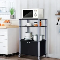 Köksö>Mikrovågsskåp Träugn Kökshylla med 3 lager Hjul 60 x 40 x 98 CM Svart