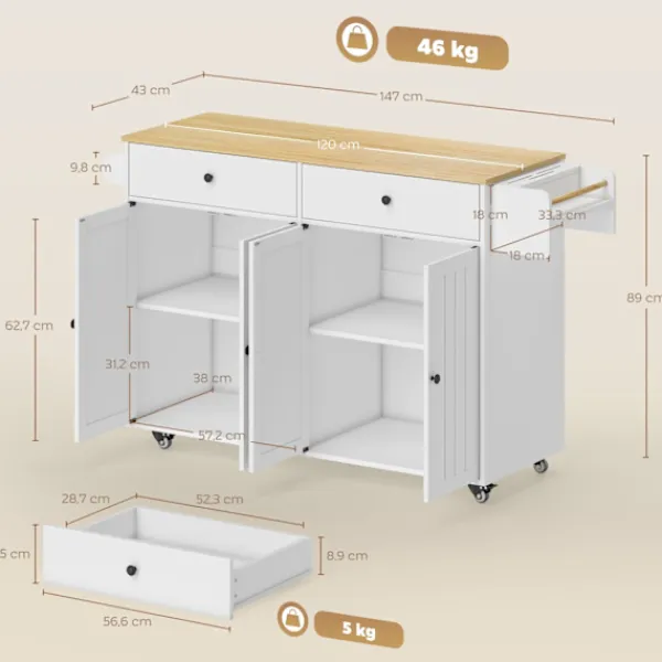 Northio Köksö>Mobil köksö, 2 lådor, kryddhylla, MDF, vit