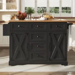 Köksö>Mobil köksvagn med trästruktur, mångsidig köksö med gott om förvaringsutrymme, serveringsvagn, svart