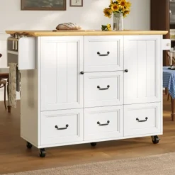 Köksö>Mobil skänk med hjul, köksö med 5 lådor & kryddhylla, utdragbar, gott om förvaringsutrymme, vit/svart