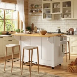 Köksö>Mobil skänk med hjul, köksö med 5 lådor & kryddhylla, utdragbar, gott om förvaringsutrymme, vit/svart