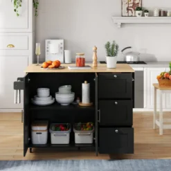 Köksö>Mobilt köksbord 135cm – ekpanel & 3 lådor – hopfällbart multifunktionsbord med handdukshängare