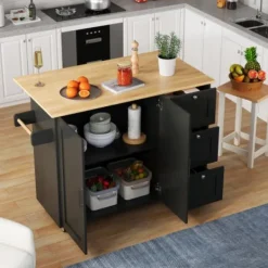 Köksö>Mobilt köksbord 135cm – ekpanel & 3 lådor – hopfällbart multifunktionsbord med handdukshängare