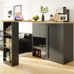 Köksö>Modern 360° vridbart barbord (105 cm) – Med 2 lådor, skjutdörr & öppen förvaringsyta