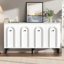 Sideboards>Modern 4-dörrars skänk – vit, 140 cm – stilren design, 3D-båge framtill, justerbara insatser – Mångsidigt förvaringsutrymme för vardagsrum