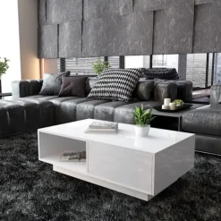 Soffbord>Modern Högglans Rektangulärt Soffbord Te Bord Förvaring Vardagsrum (Vit)