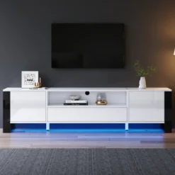 Tv-Bänkar>Modern högglansig vit TV-bänk med LED-belysning och förvaringsutrymme 178 cm, för upp till 70 tums TV-apparater
