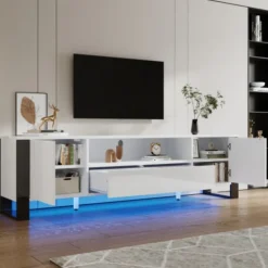 Tv-Bänkar>Modern högglansig vit TV-bänk med LED-belysning och förvaringsutrymme 178 cm, för upp till 70 tums TV-apparater