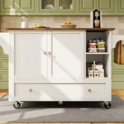 Köksö>Modern köksvagn med öppna fack & träskiva – Flexibel buffé i vitt med praktiska tillbehör