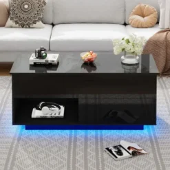 Soffbord>Modernt högglansigt svart lyftbord – 100 cm LED-bord med hydraulik & förvaring | Elegant vardagsrumsbord