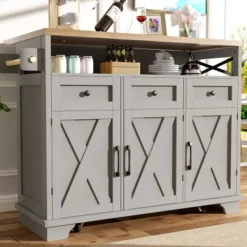 Köksö>Modernt köksö 118cm med hjul, multifunktionell förvaring & flyttbara avdelare, handdukshängare, grå