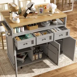 Köksö>Modernt köksö 118cm med hjul, multifunktionell förvaring & flyttbara avdelare, handdukshängare, grå